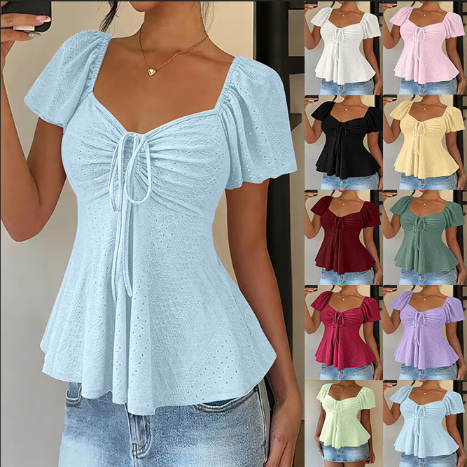 Euramerican V-neck Drawstring Tie-up Top