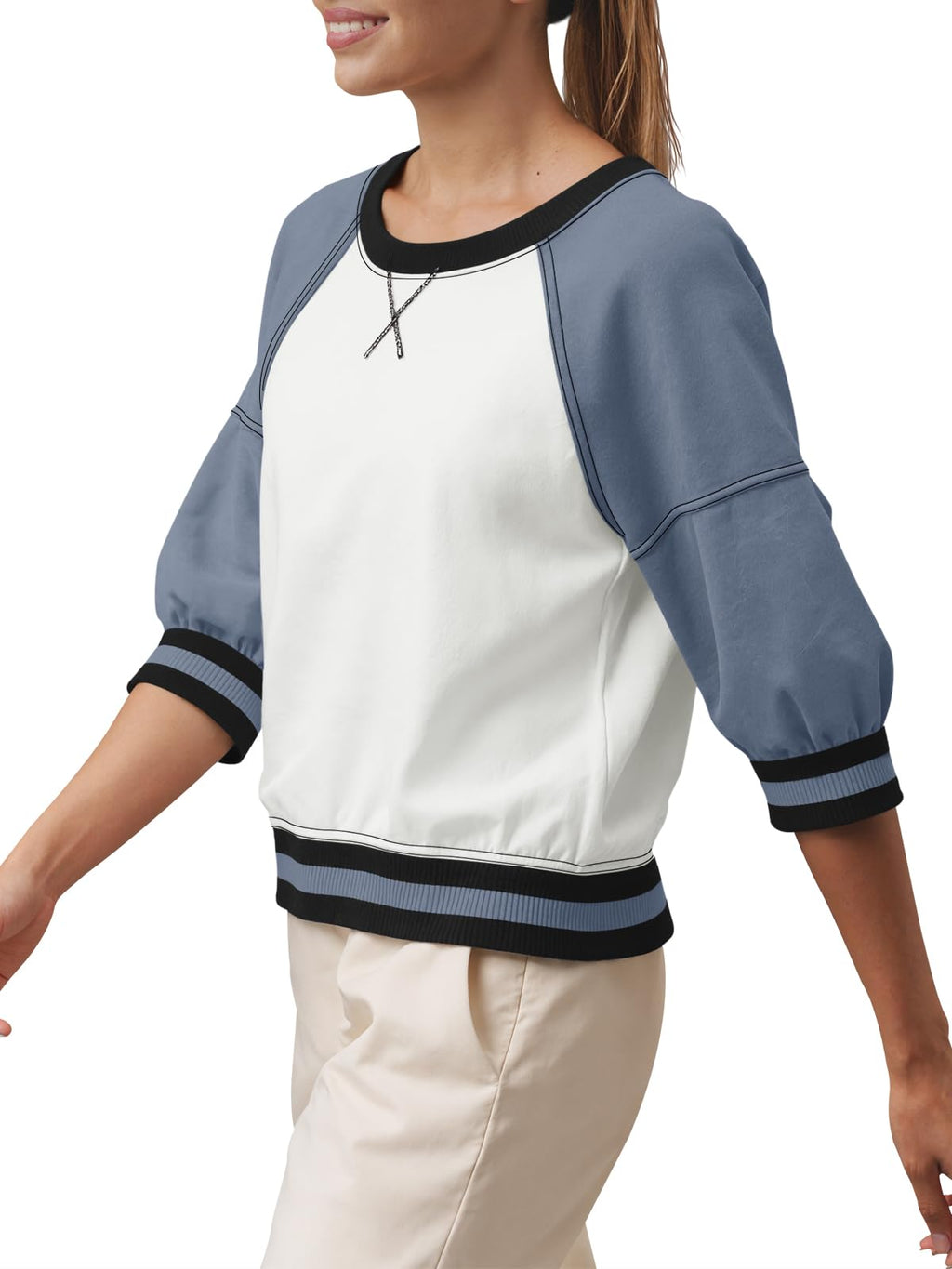 Fisoew Womens Crewneck Sweatshirt Ribbed Raglan Half Sleeve Pullover Tops Color Block Loose Fit Sweatshirts