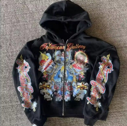 Letter-printed American-style Fleece Hipster Streetwear Loose-fitting Zip-up Hoodie