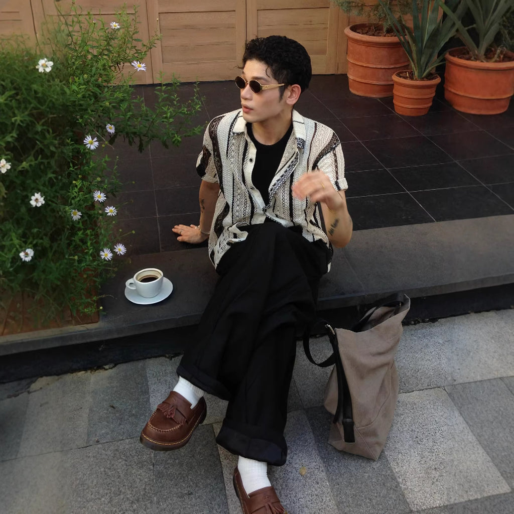 Striped Contrasting Color Hollow-Out Knitted Short-Sleeve Shirt