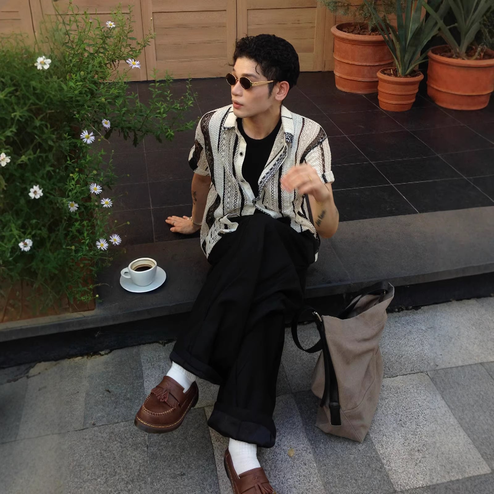 Striped Contrasting Color Hollow-Out Knitted Short-Sleeve Shirt