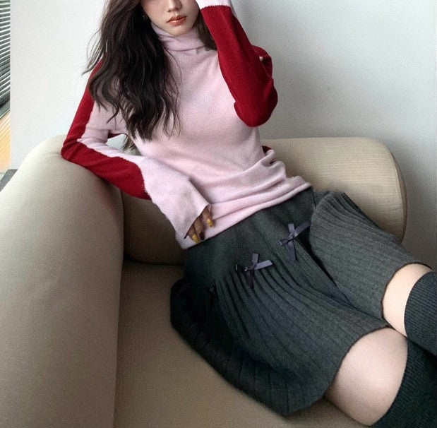 Contrast-color Ultra-fine Merino Wool Designer Patchwork Base Knit Top For Women